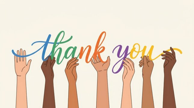 Diverse hands holding a colorful thank you sign, representing unity, gratitude, community support, and inclusion, isolated on white background