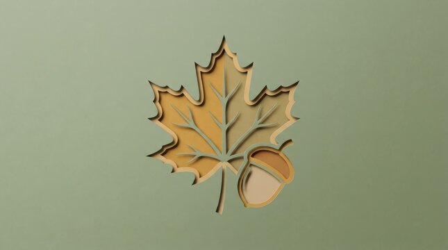 Layered paper cut art of a maple leaf and an acorn in autumn colors on a soft green background