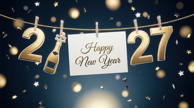 Happy new year 2027 celebration with golden numbers and a champagne bottle hanging on a string with confetti against a dark blue background