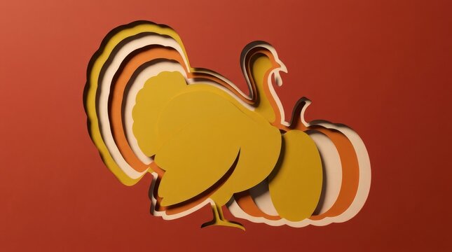 A paper cutout style illustration featuring a turkey and a pumpkin, layered with warm autumn colors on a deep red background