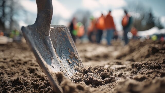 Metal shovel in brown soil at construction site. Groundbreaking ceremony with blurred workers. Industrial excavation and landscaping work.
