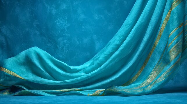 Sophisticated muslin saree composition styled with flowing fabric curves and intricate woven artistry presented in modern studio aesthetic with vibrant teal backdrop, clean visual balance, horizontal 