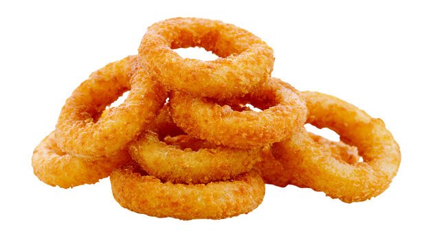 Isolated pile of delicious crispy golden brown fried onion rings ready for a tasty snack