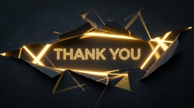 Neon thank you sign glowing through a torn black paper hole, modern typography with bright yellow light effect on dark textured background