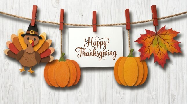 Happy thanksgiving decorations including a turkey, pumpkins, and a maple leaf hanging on a rope with red clothespins against a white wood background
