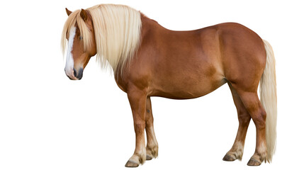 Isolated Haflinger horse with flowing blonde mane and tail standing in profile view © Ioana