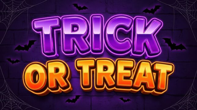 Trick or treat neon sign text on a dark brick wall background with spider webs and flying bats for halloween celebration