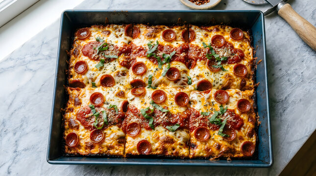 Homemade rectangular sicilian style pizza with pepperoni and vegetables in a baking pan