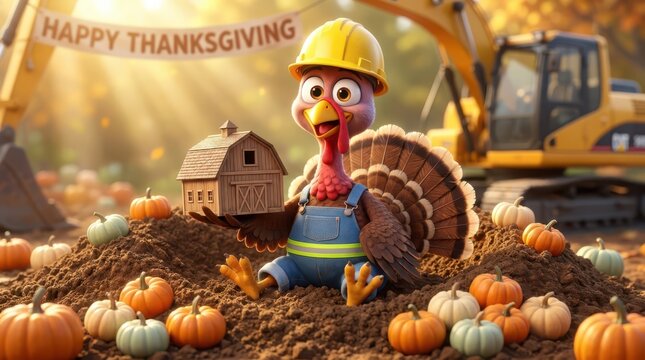 Cartoon turkey construction worker holding a small wooden barn model in a pumpkin patch with a happy thanksgiving banner and excavator in the background
