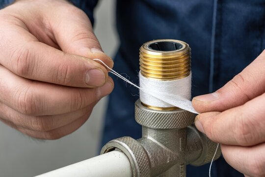 Worker wraps tape around a pipe fitting in a workshop to prepare for plumbing installation