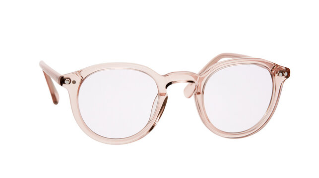 Isolated rose colored round frame eyeglasses, stylish eyewear accessory for vision correction.
