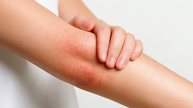 Close-up of a person's arm with visible skin irritation and redness, hand gently resting on the affected area against a plain white background