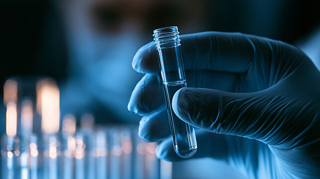 Laboratory technician in blue gloves holds a test tube with clear liquid, surrounded by rows of glass vials in a dimly lit scientific research environment