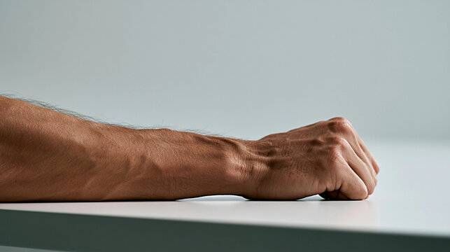 Male hand resting on a white table surface with a clenched fist, showcasing skin texture and natural lighting in a minimalistic indoor setting