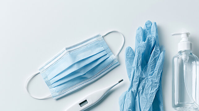 Medical supplies including a blue surgical mask, disposable gloves, digital thermometer, and hand sanitizer bottle arranged on a clean white background for health and safety concepts