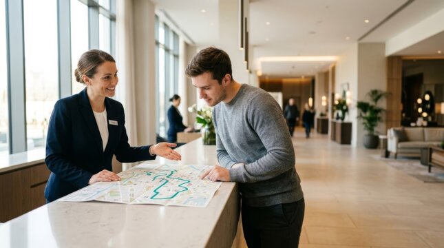 Smiling concierge explains city map to hotel guest in bright lobby, offering personalized travel guidance and service