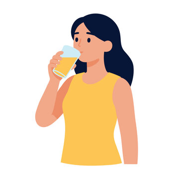 A young woman with dark hair drinks a tall glass of orange juice, she is wearing a yellow sleeveless shirt