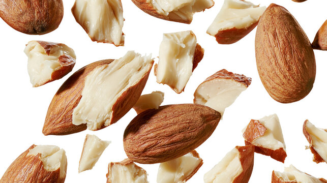 Isolated whole and broken almonds scattering, natural delicious crunchy healthy snack food