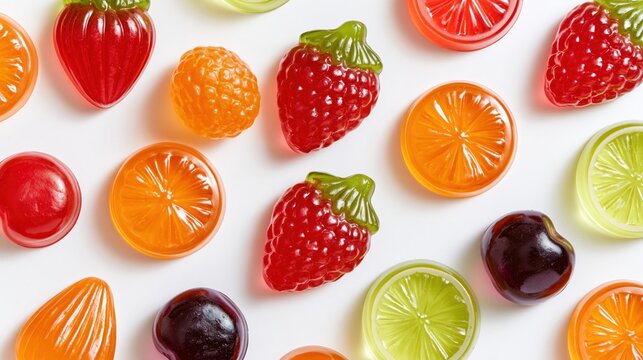 Colorful fruit shaped jelly candy includes citrus berries cherries and lime