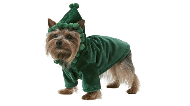 Isolated cute small dog dressed in a whimsical green velvet holiday elf outfit with pom-poms
