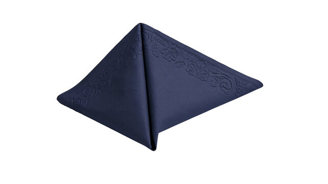 Isolated elegant dark blue folded fabric napkin with sophisticated embossed floral pattern