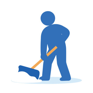 A stylized blue figure sweeps white snow with a broom on a white background.