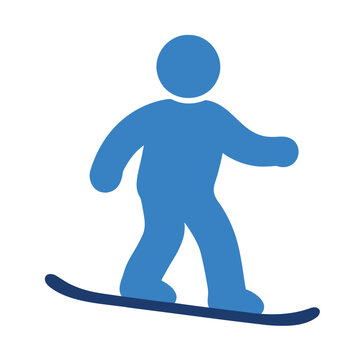 A minimalist graphic representation of a person in a dynamic pose on a snowboard, depicted in solid blue hues
