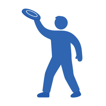 A simple blue cartoon figure is shown mid-throw with a frisbee disk.