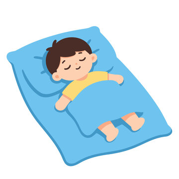 A young boy with brown hair sleeps soundly on a blue pillow and blanket.