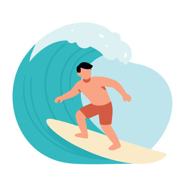 A man with dark hair and orange shorts surfs on a tan board within a stylized blue ocean wave