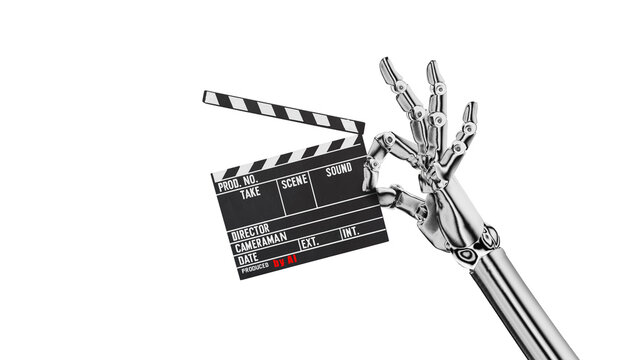 Movie clapper. Retro film clapperboard held by an AI robot. Concept: AI creating creative content.