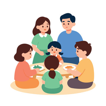 A diverse family of six sits around a round table, enjoying a meal together with smiles and conversation.