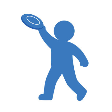 A blue silhouette of a person in motion holding a blue frisbee disc over their head