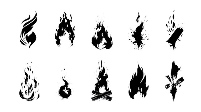 Set of hand drawn black fire flame shapes and burning log symbols with fire shape fire sketch flame vector