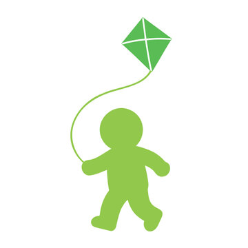 A green silhouette of a person walks while flying a green kite on a white background.