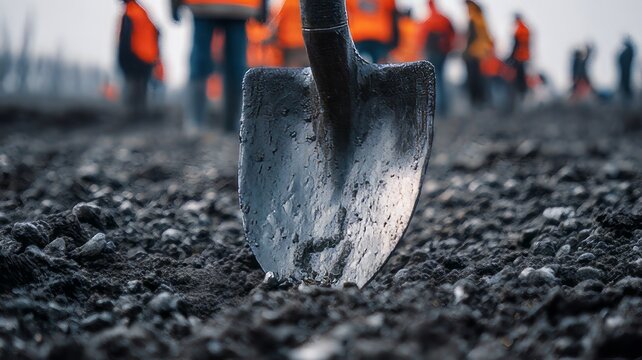 Industrial steel shovel in dark soil, construction site ground breaking ceremony, manual labor and roadwork concept