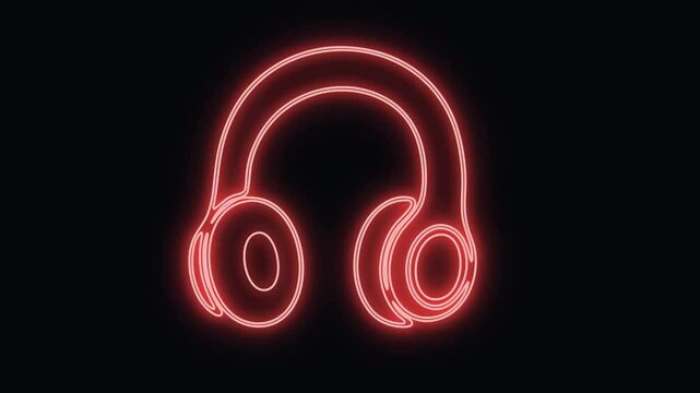 Headphones glowing with a bright red neon light outline set against a completely dark background to create an appealing futuristic digital graphic resource for modern music designs.