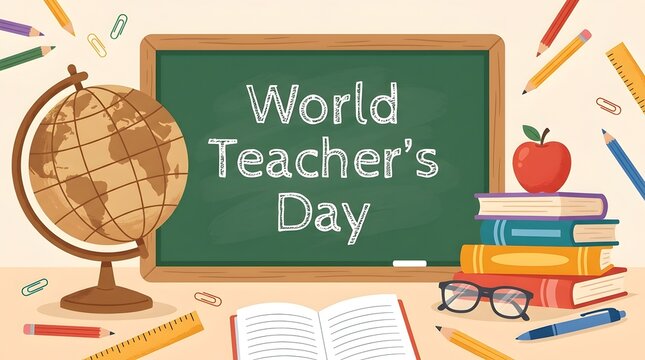 World Teachers&rsquo; Day Blackboard Design with Globe, Apple, Books, and Classroom Supplies