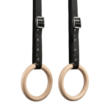 Pair of wooden gymnastic rings with adjustable straps with circular on transparent background