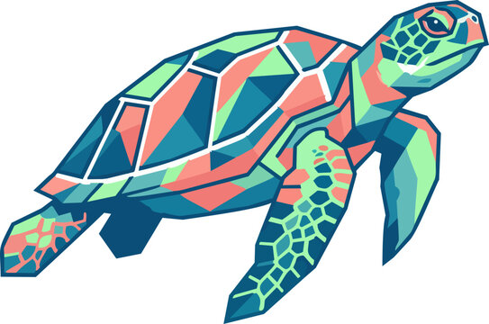 Geometric sea turtle vector illustration, colorful low poly marine animal, stylized aquatic reptile icon for conservation branding