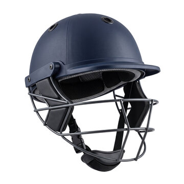 Blue cricket helmet with metal face guard isolated with helmet protective on transparent background