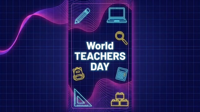 World Teachers Day Neon Typography with Educational Icons on Futuristic Grid Background