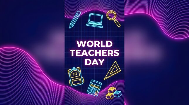 World Teachers Day Neon Typography with Educational Icons on Futuristic Grid Background