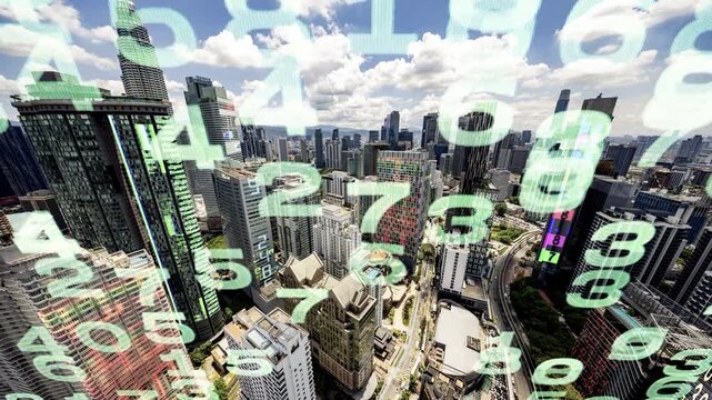 kuala lumpur cyberpunk city with overlayed code and data on the buildings