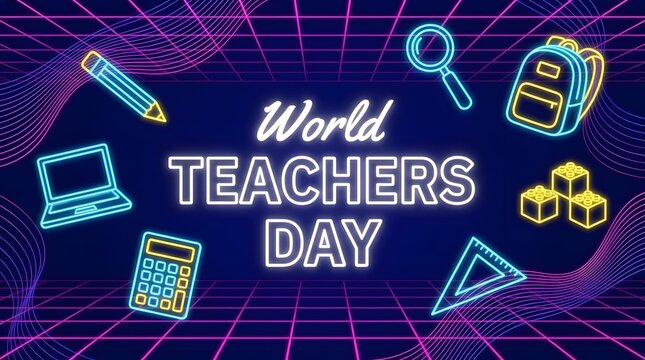 World Teachers Day Neon Typography with Educational Icons on Futuristic Grid Background