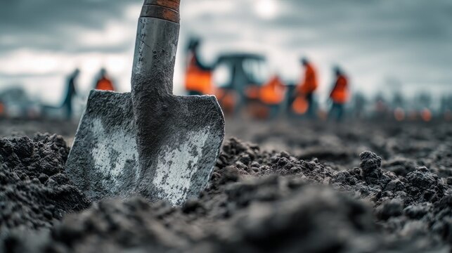 Industrial metal shovel in dark soil, construction site ground with blurred workers, heavy duty digging tool for earthworks