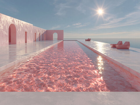 Blush pink plaster villa rooftop has rectangular pink pool, lounge chairs frame distant lake view beneath soft clouded sky.