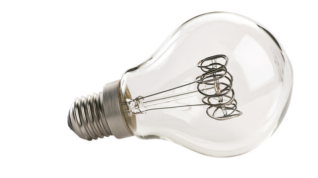 Isolated traditional clear glass incandescent light bulb with visible filament horizontal