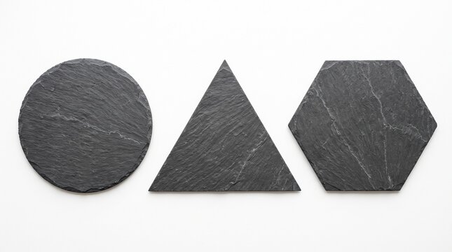Three Slate Serving Platters Circle Triangle Hexagon Shapes Isolated on White Background