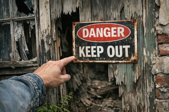 A person pointing to a sign with the words 'Danger Keep Out' written on it